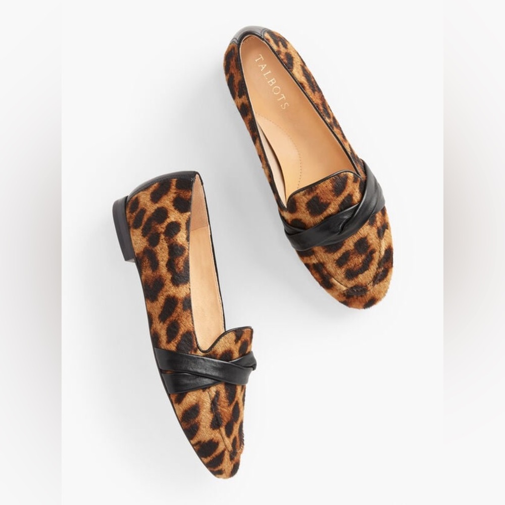 Talbots Loafers Leopard Print Calf Hair Flats with Black Twist Detail.